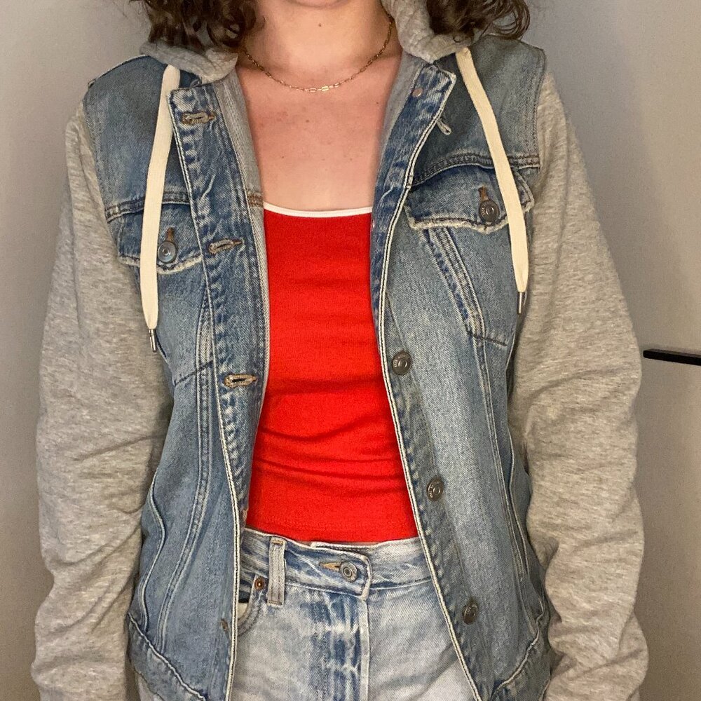 Denim jacket with grey soft sleeves & hood